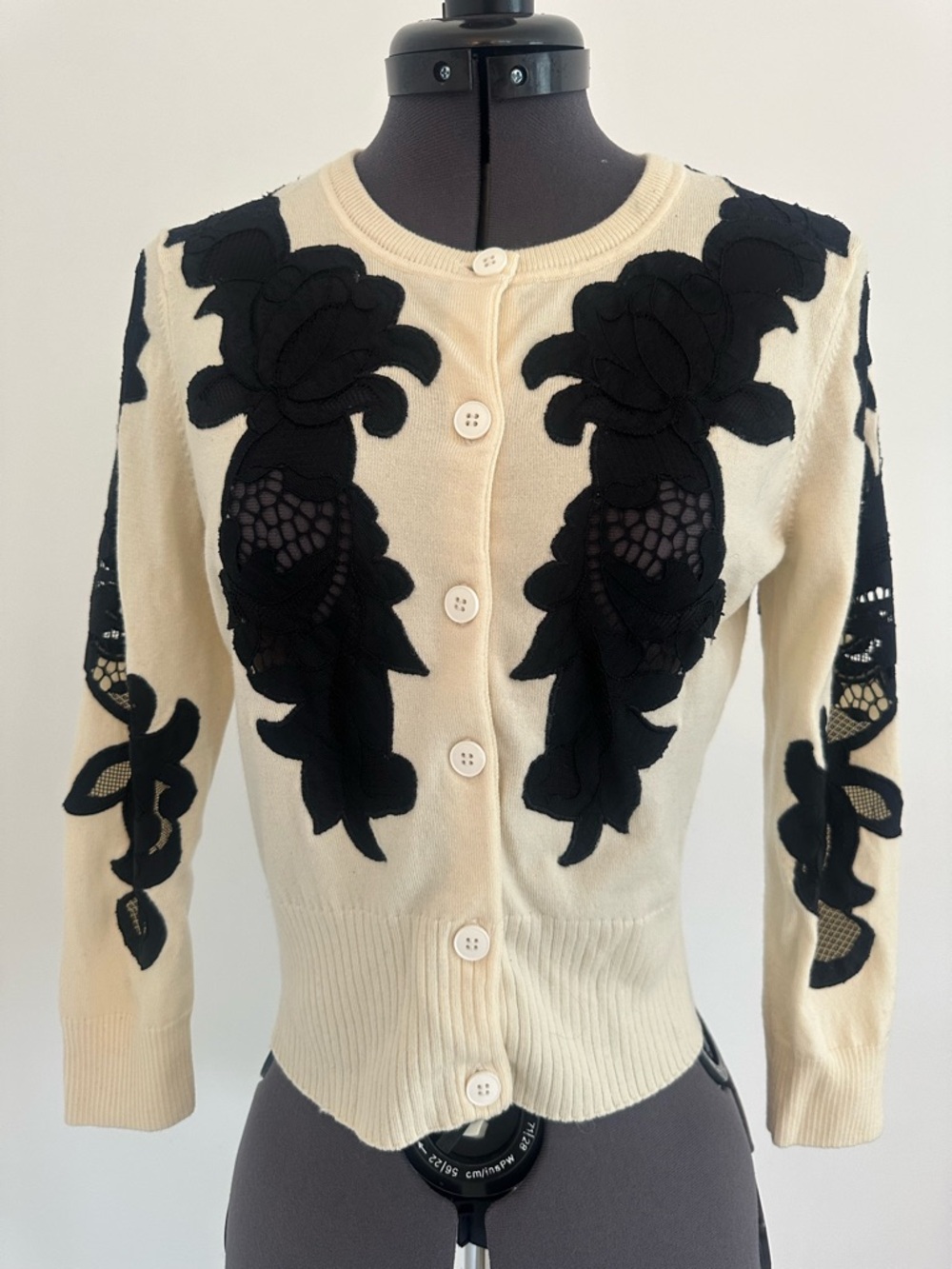 Diane Von Furstenberg Cream Cardigan with Black Floral Appliqué